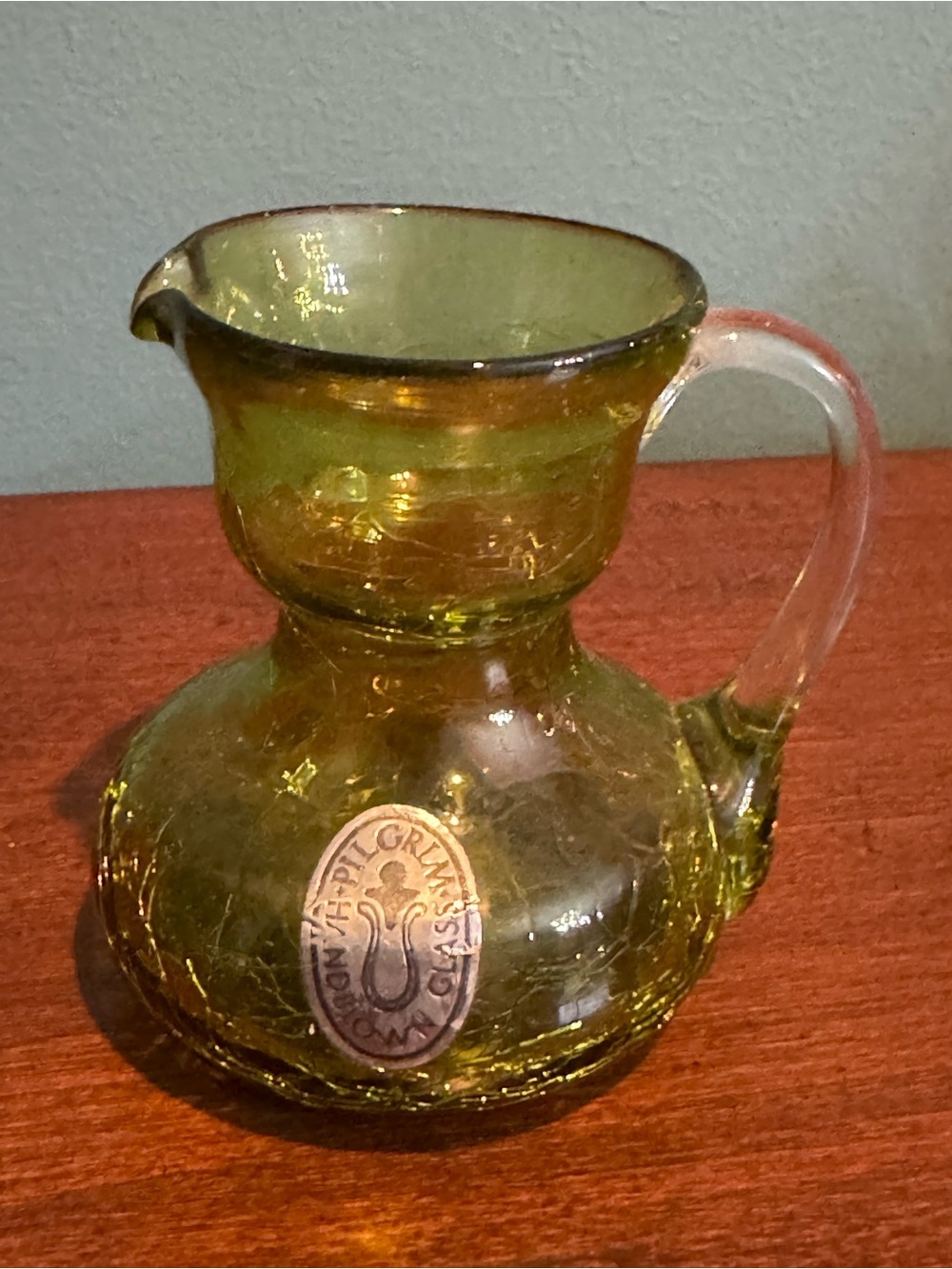 Vintage Pilgrim Glass Mini Pitcher Hand Blown Avocado Green Crackle Glass 3.5”